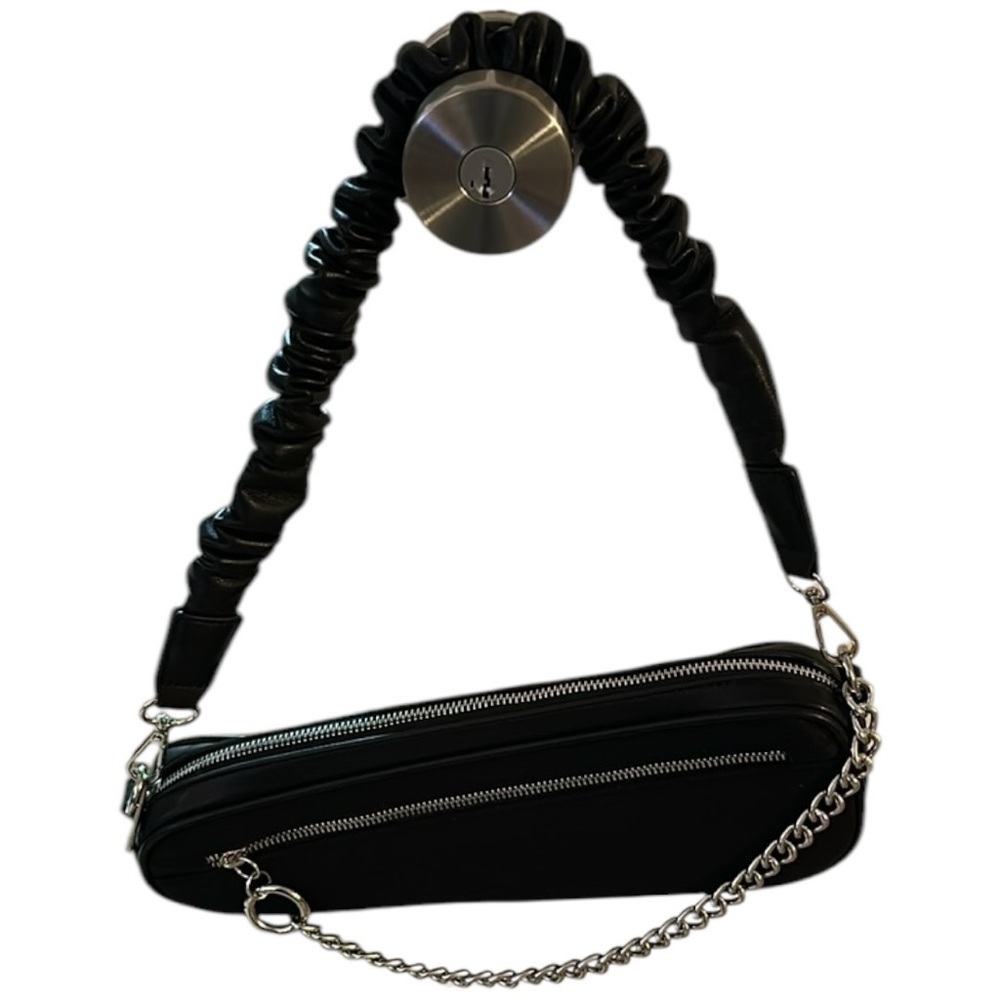 AKIRA Black Asymmetrical Chained Ruffle Shoulder Bag - Picture 4 of 12
